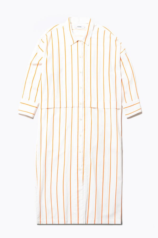 Flat Front view of the Sundown Shirt Dress in Burnt Orange Stripe, a relaxed-fit, knee-length shirt dress with a cocooned back and front tuck detail.