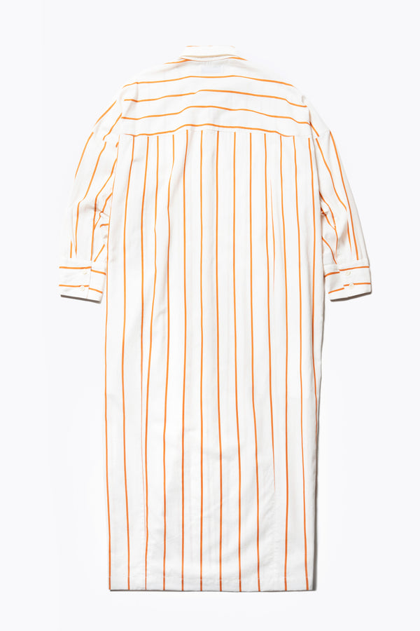 Flat Back view of the Sundown Shirt Dress in Burnt Orange Stripe, a relaxed-fit, knee-length shirt dress with a cocooned back and front tuck detail.