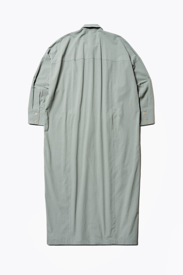 Flat Back view of the Sundown Shirt Dress in Olive Green, a relaxed-fit, knee-length shirt dress with a cocooned back and front tuck detail.