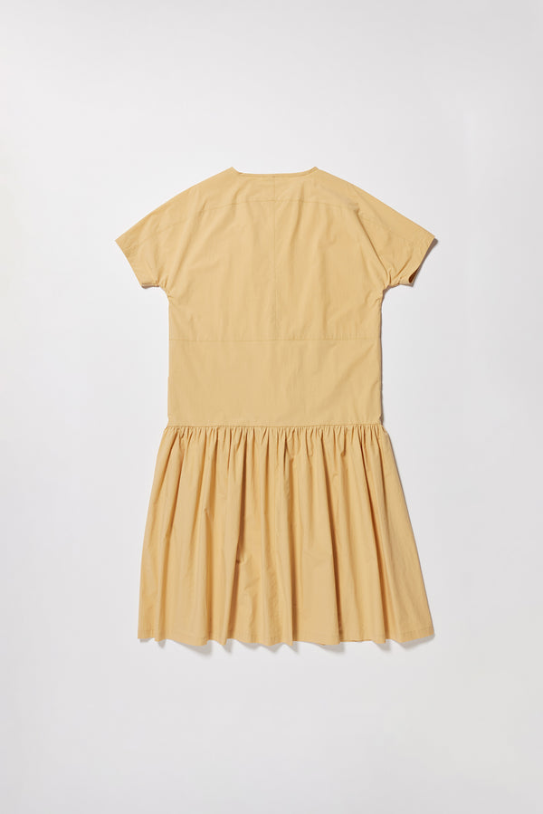 Flat back off the Surrender Dress in sand showing panelled detailing, dropped waist, and gathered skirt. 