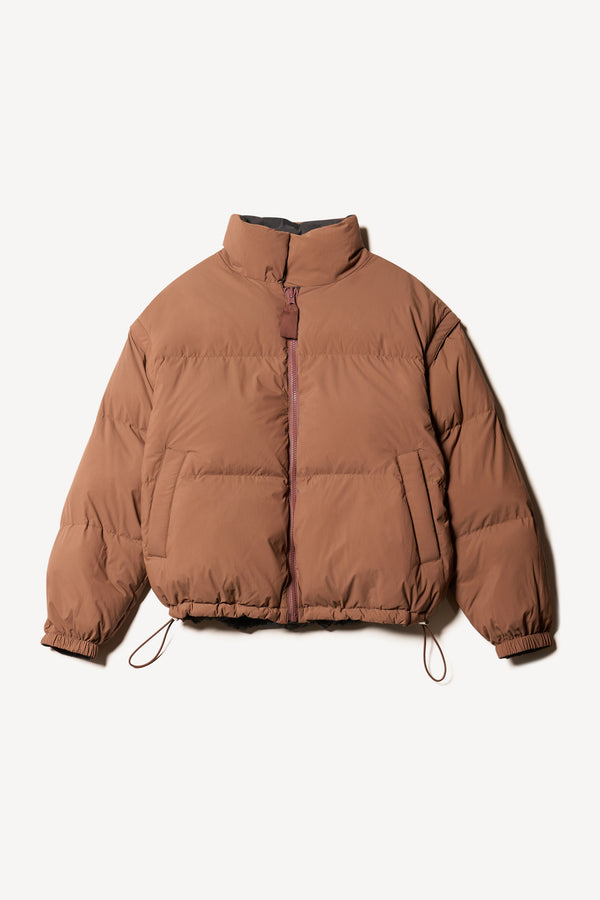 Flat Front of the Transform Puffa Jacket toffee brown side, showcasing full sleeves, cropped length and high collar