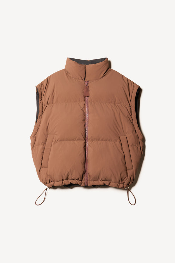 Flat Front of the Transform Puffa Jacket toffee brown side, showcasing removed sleeves for vest, cropped length and high collar