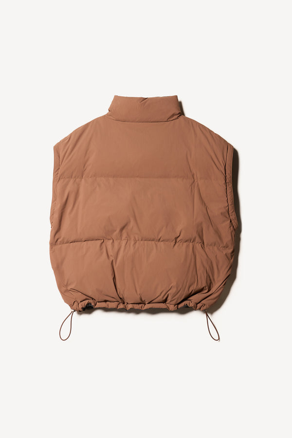 Flat Back of the Transform Puffa Jacket toffee brown side, showcasing removed sleeves for vest, cropped length and high collar