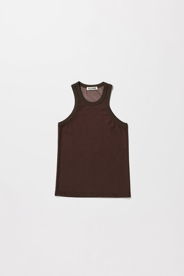 Flat Front of the Brown Transformation Tank in sheer fabric with racerback neckline.