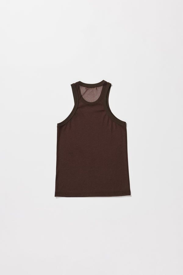 Flat Back of the Brown Transformation Tank in sheer fabric with racerback neckline.