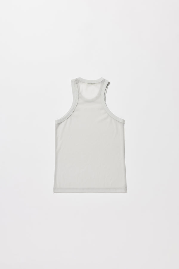 Flat back of the pale blue Transformation Tank in sheer fabric with racerback neckline.
