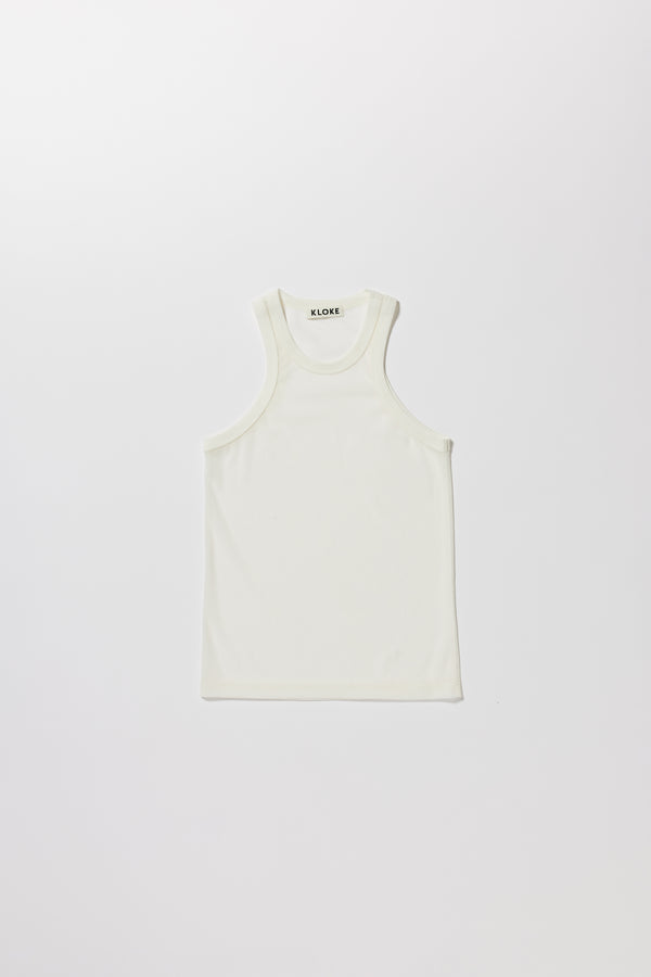 Flat front of the White Transformation Tank in sheer fabric with racerback neckline.