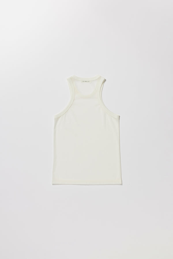 Flat Back of the White Transformation Tank in sheer fabric with racerback neckline.