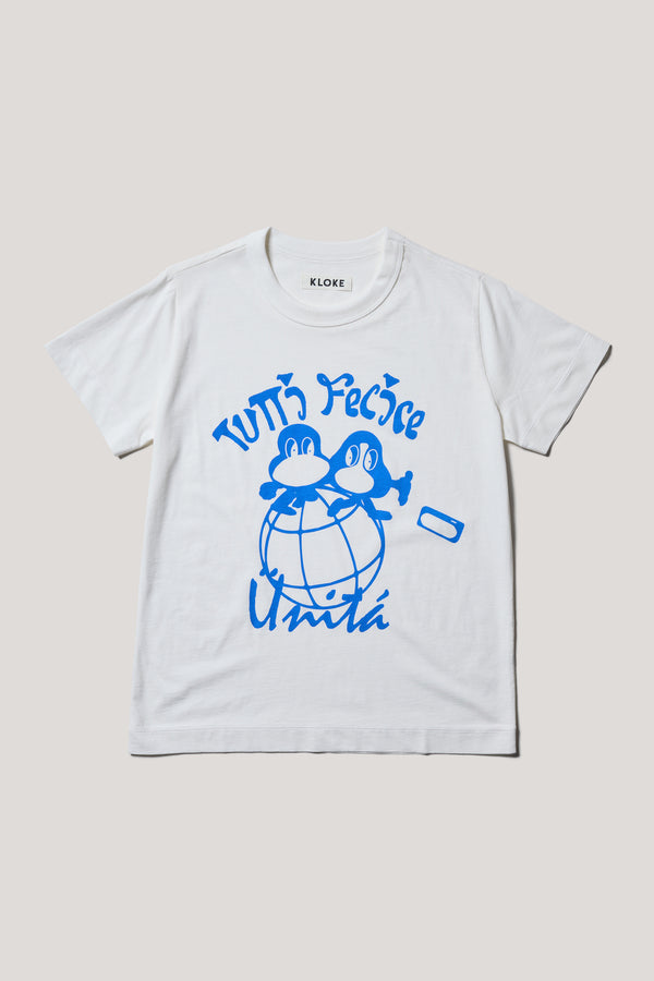 Flat front of the Off white Classic T-shirt in organic cotton jersey with Tutti Felice placement print