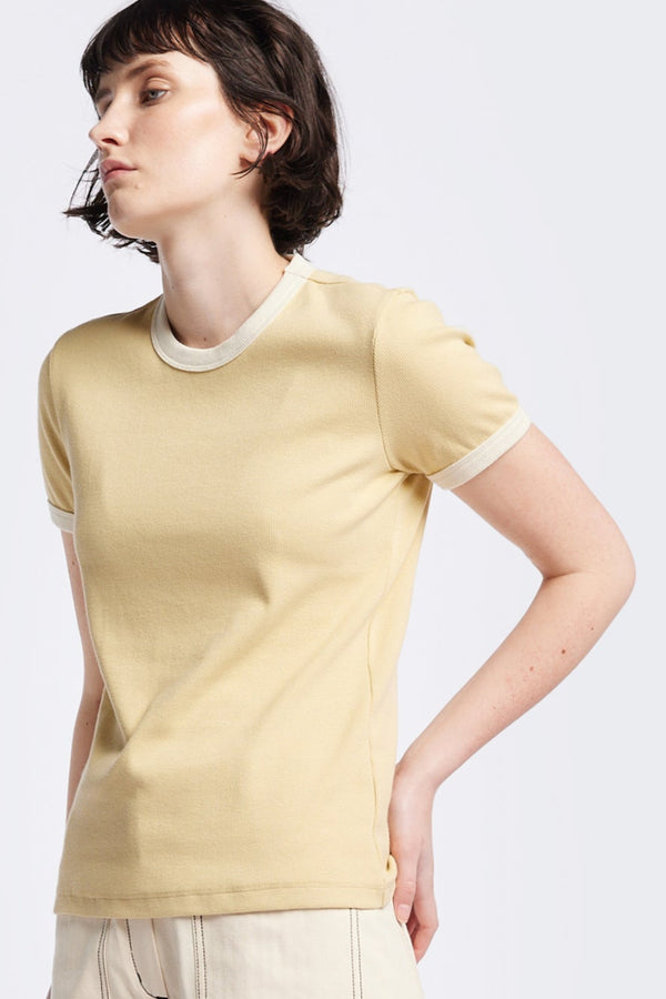Front of the Veil Rib Tee a slim-fit ringer tee in ribbed cotton, featuring a vintage 70's-inspired design with contrasting neckline and sleeve details. Available in 5 sizes. 