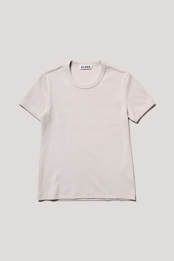 Flat Front of Veil slim-fit 70s-inspired ringer tee in Bone, Off White,  made from Japanese ribbed cotton.