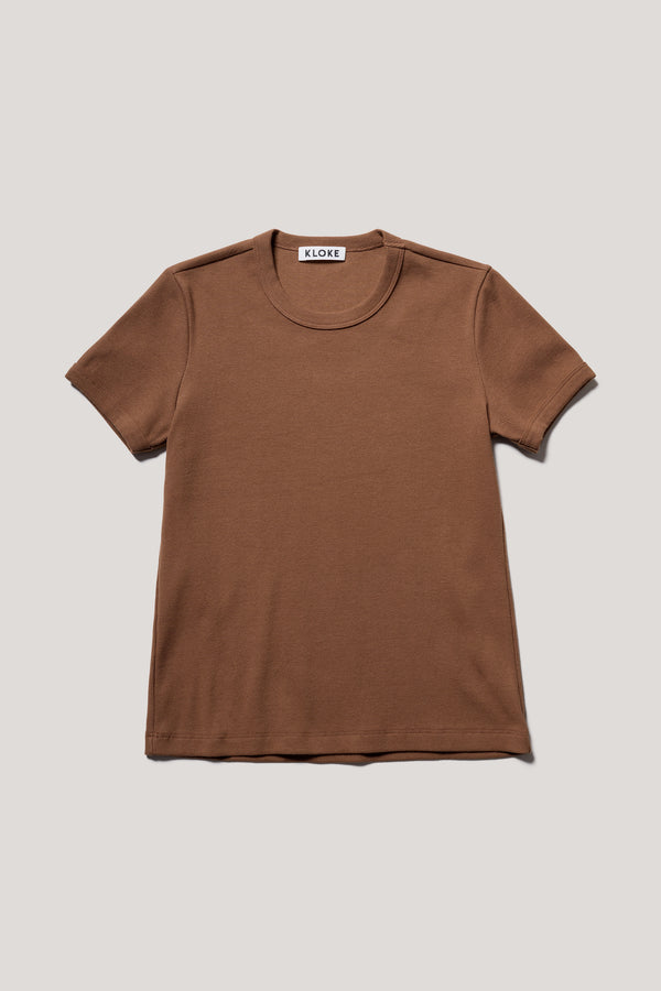 Flat front of the Veil rib slim-fit 70s-inspired ringer tee in cocoa brown, made from Japanese ribbed cotton.