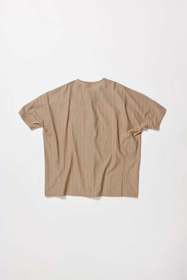Flat back of the oversized boxy yarn-dyed cotton top with round crew neck and concealed placket in burnt orange, ecru and black stripe. 