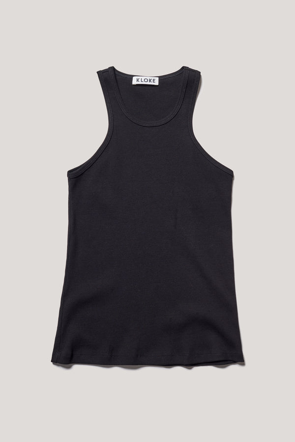 Flat front of the Wing tank in Black. A slim-fit ribbed cotton tank with a slight racer neckline. A clean, minimal silhouette