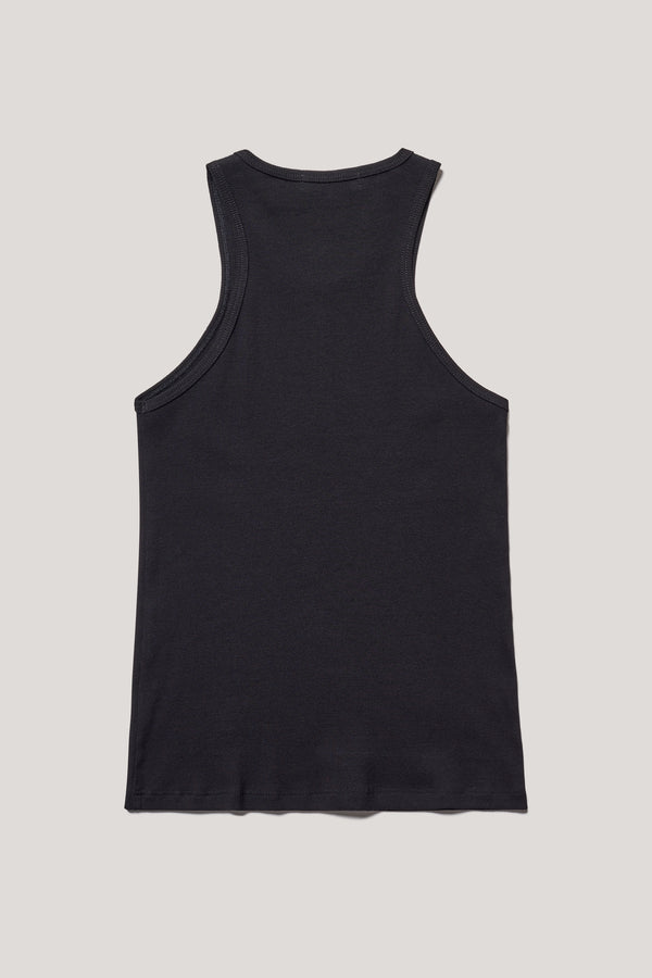 Flat Back the Wing tank in Black. A slim-fit ribbed cotton tank with a slight racer neckline. A clean, minimal silhouette