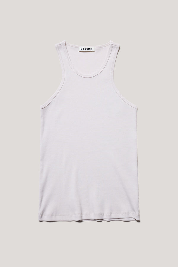 Flat front of the Wing tank in Bone, off white. A slim-fit ribbed cotton tank with a slight racer neckline. A clean, minimal silhouette