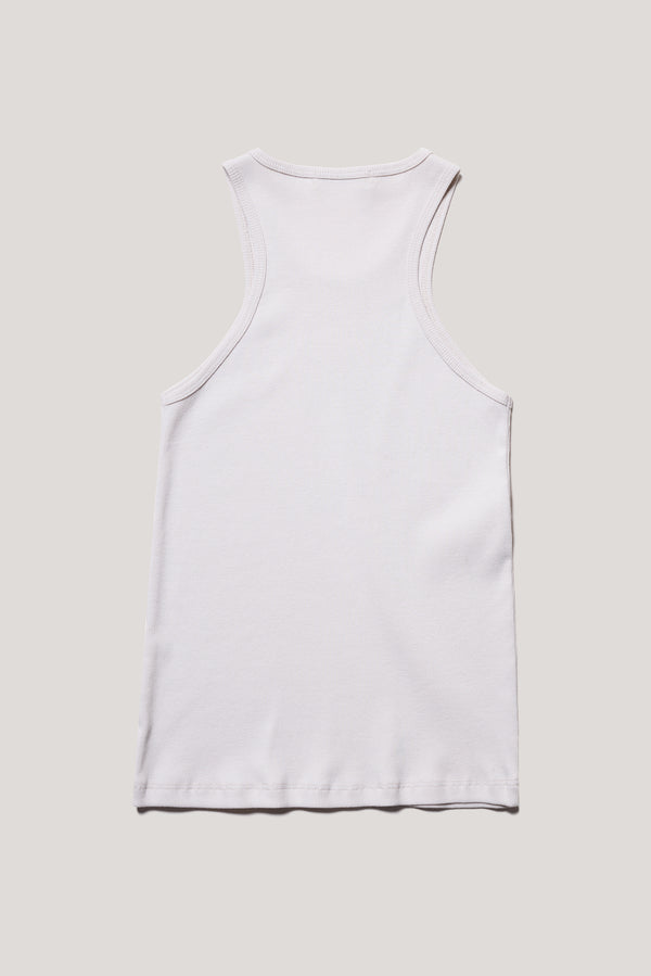 Flat back of the Wing tank in Bone, off white. A slim-fit ribbed cotton tank with a slight racer neckline. A clean, minimal silhouette