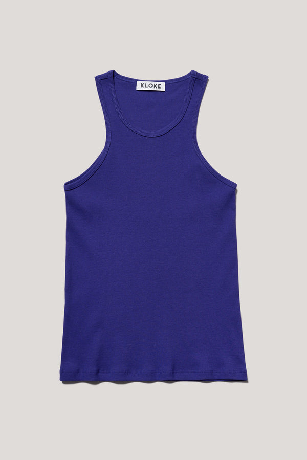 Flat front of the Wing tank in Cobalt blue. A slim-fit ribbed cotton tank with a slight racer neckline. A clean, minimal silhouette
