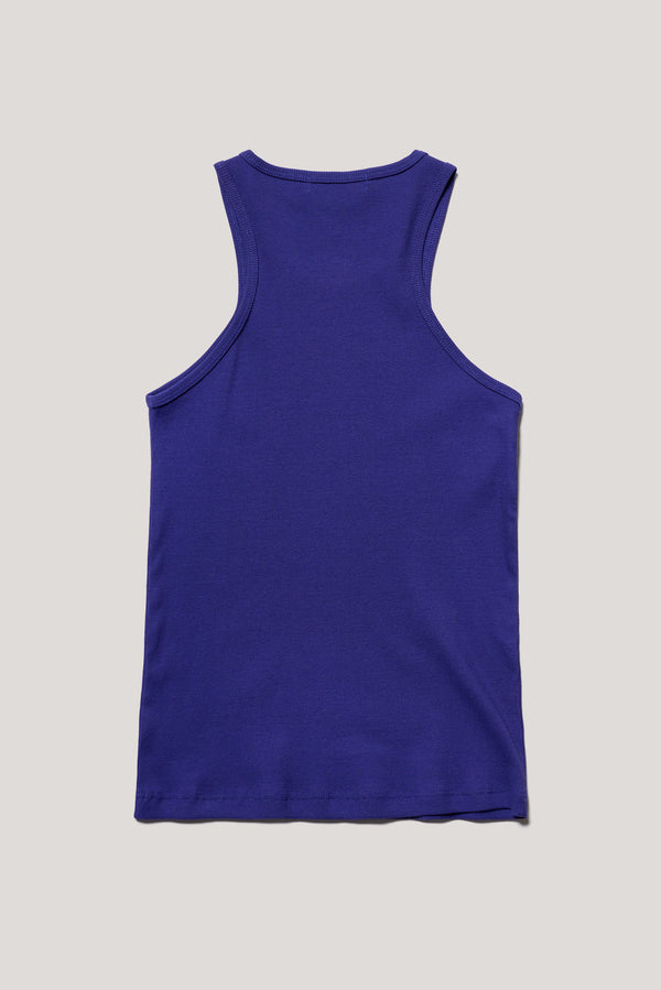 Flat back of the Wing tank in Cobalt blue. A slim-fit ribbed cotton tank with a slight racer neckline. A clean, minimal silhouette