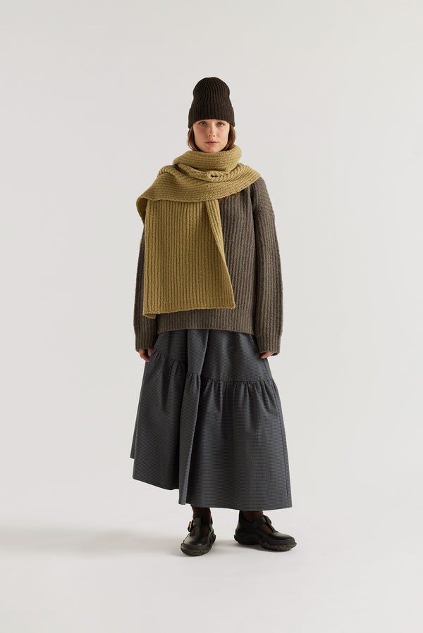 Women - Chartreuse Within Scarf draped loosely on model showing generous extra-long extra-wide proportions and reverse cardigan knit construction in RWS Merino

