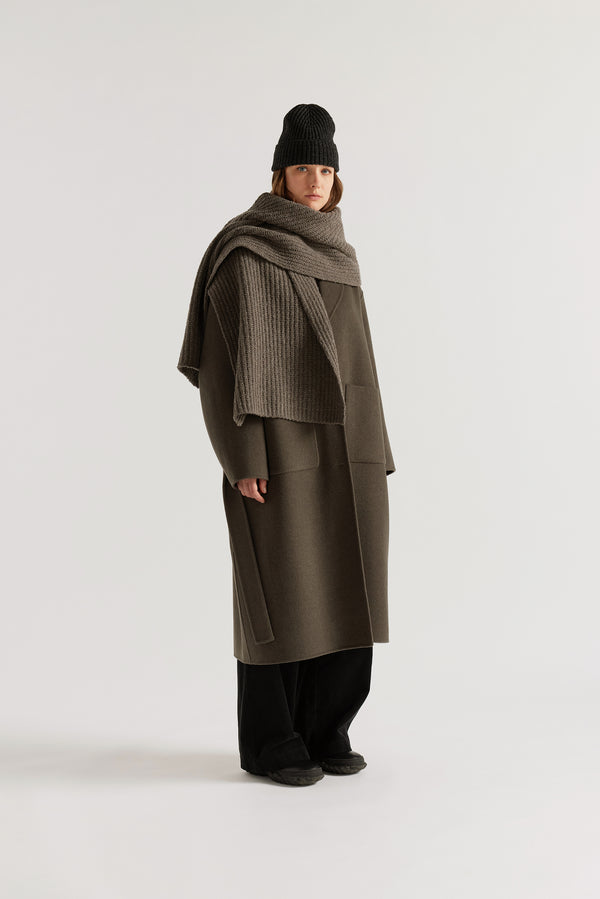 Women - Pewter Within Scarf draped loosely on model showing generous extra-long extra-wide proportions and reverse cardigan knit construction in RWS Merino
