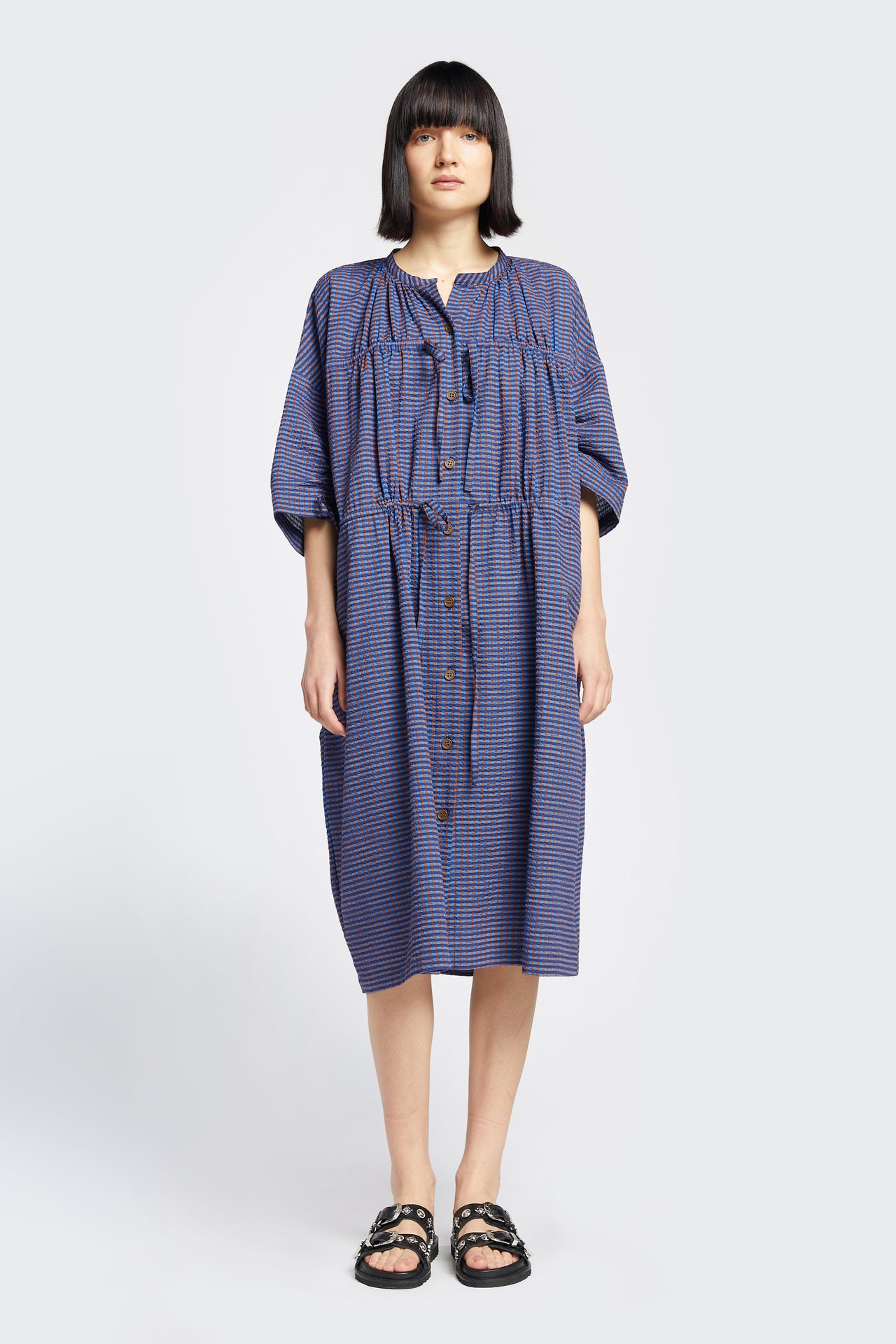 Spiral Gathered Dress Blue Check