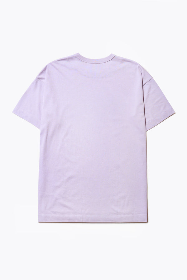 The Back of the Radius T-Shirt, a Lilac cotton tee. Features a 1 x 1 rib-bound cover-stitched neckline that's reinforced at the back. 