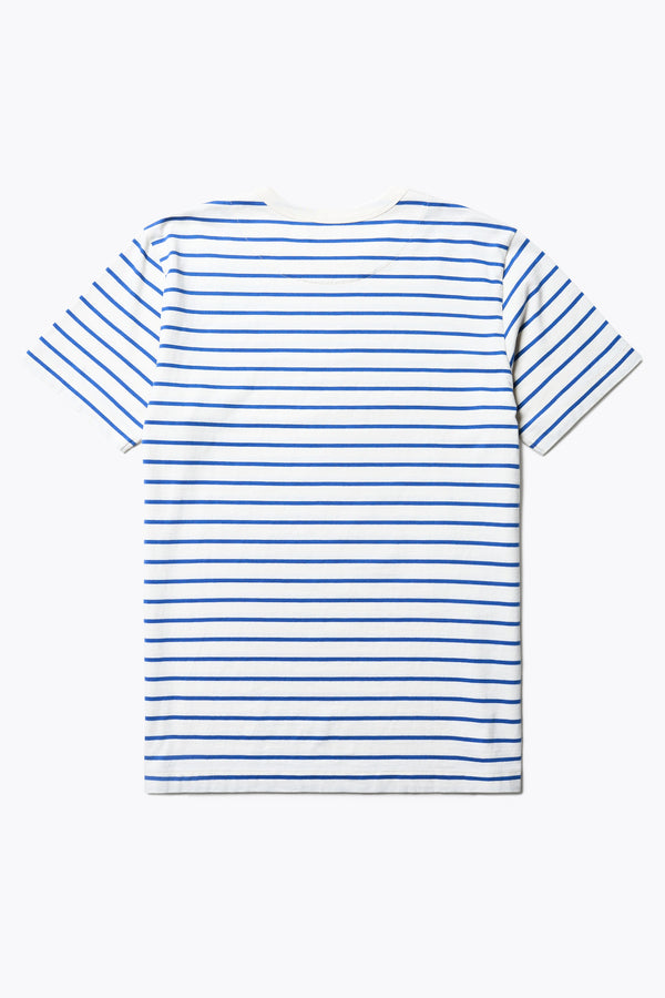 The Back of the Radius T-Shirt, a cotton tee with blue and white stripes. Features a 1 x 1 rib-bound cover-stitched neckline that's reinforced at the back. 