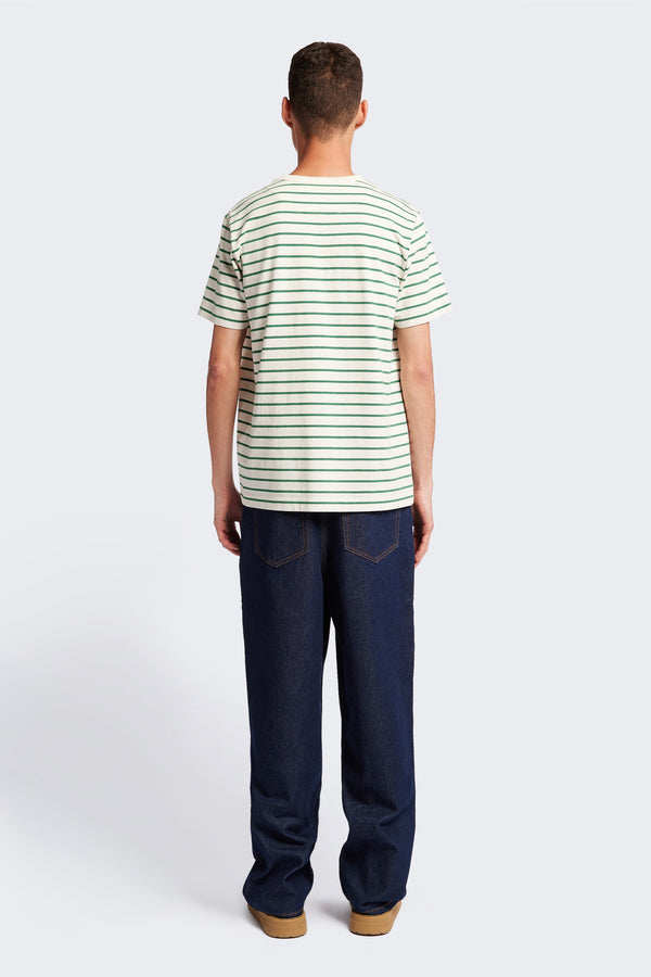 The back of the Radius T-Shirt Green Stripe, a traditional and relaxed cotton tee with a 1 x 1 rib-bound cover-stitched neckline that's reinforced at the back. 