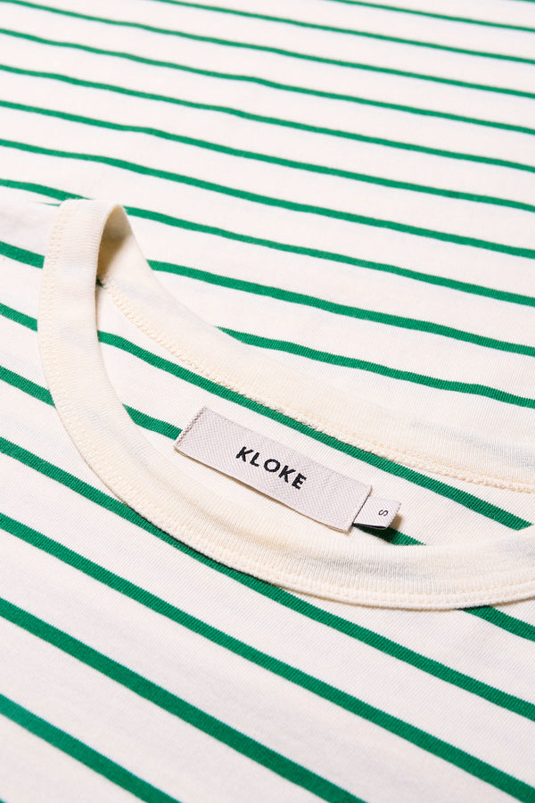 The Radius T-Shirt T-Shirt is cut from a soft, high grade organic cotton jersey with Green and White Stripes. 