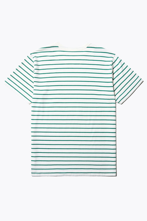 The Back of the Radius T-Shirt, a cotton tee with green and white stripes. Features a 1 x 1 rib-bound cover-stitched neckline that's reinforced at the back. 