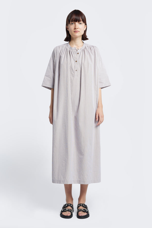 Eos Gathered Dress Ecru Fine Stripe