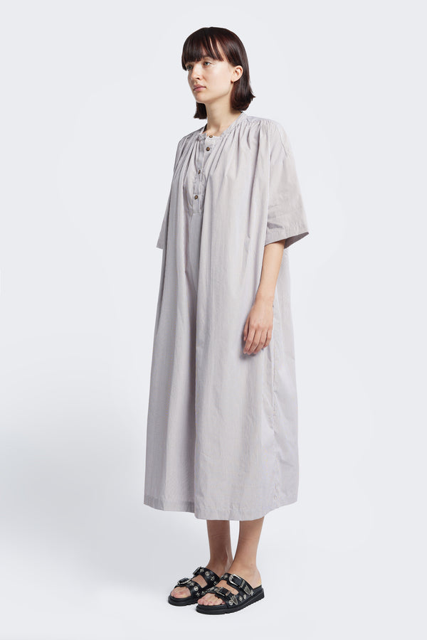 Eos Gathered Dress Ecru Fine Stripe