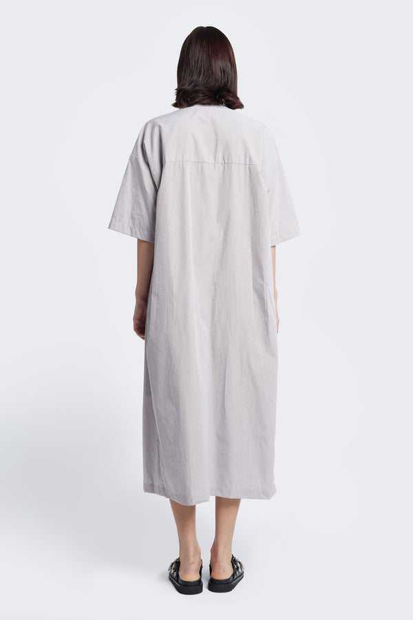 Eos Gathered Dress Ecru Fine Stripe