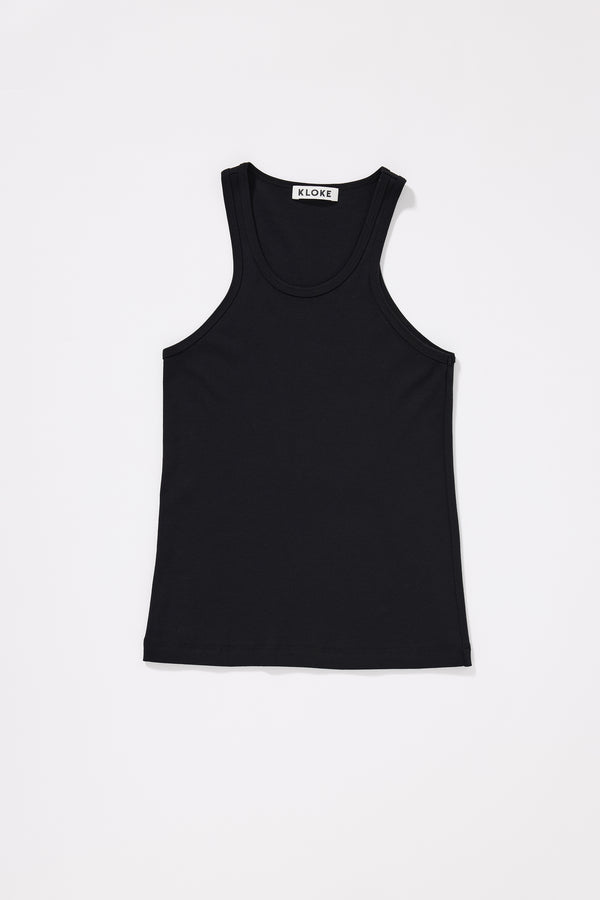 Breaker Tank in Black flat front view showing slim fit silhouette, scoop neckline and 1x1 Japanese organic cotton rib construction