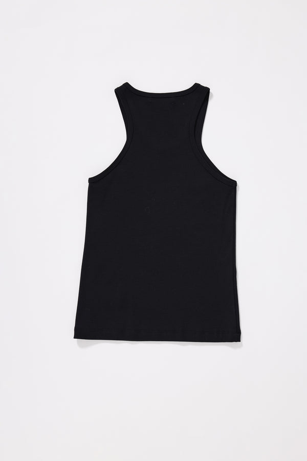 Flat Back view of the Breaker Tank in Black showing subtle racerback cut and self-bound armholes in Japanese 1x1 organic cotton rib