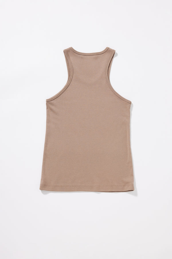 Flat Back view of the Breaker Tank in Fawn showing subtle racerback cut and self-bound armholes in Japanese 1x1 organic cotton rib