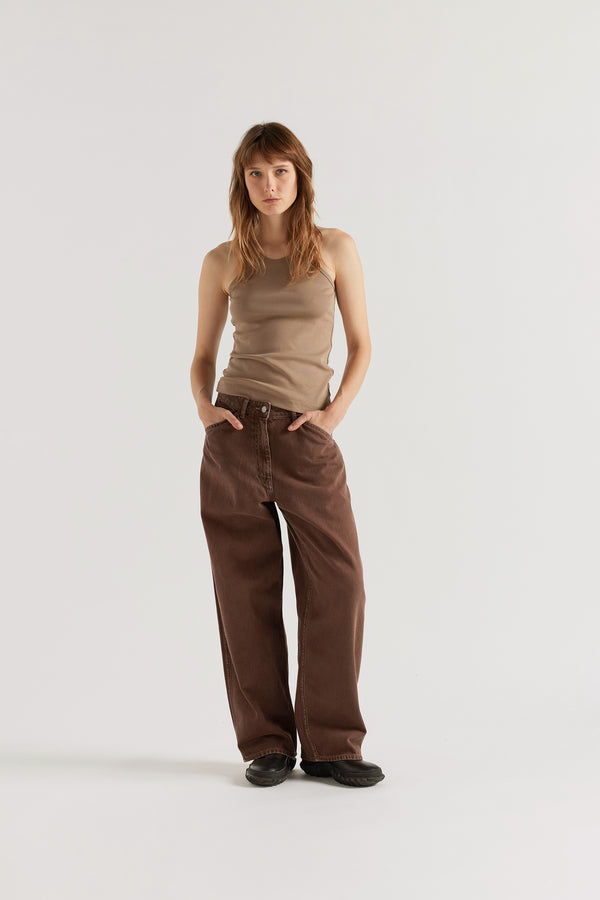 Breaker Tank in Fawn front view showing slim fit silhouette, scoop neckline and 1x1 Japanese organic cotton rib construction