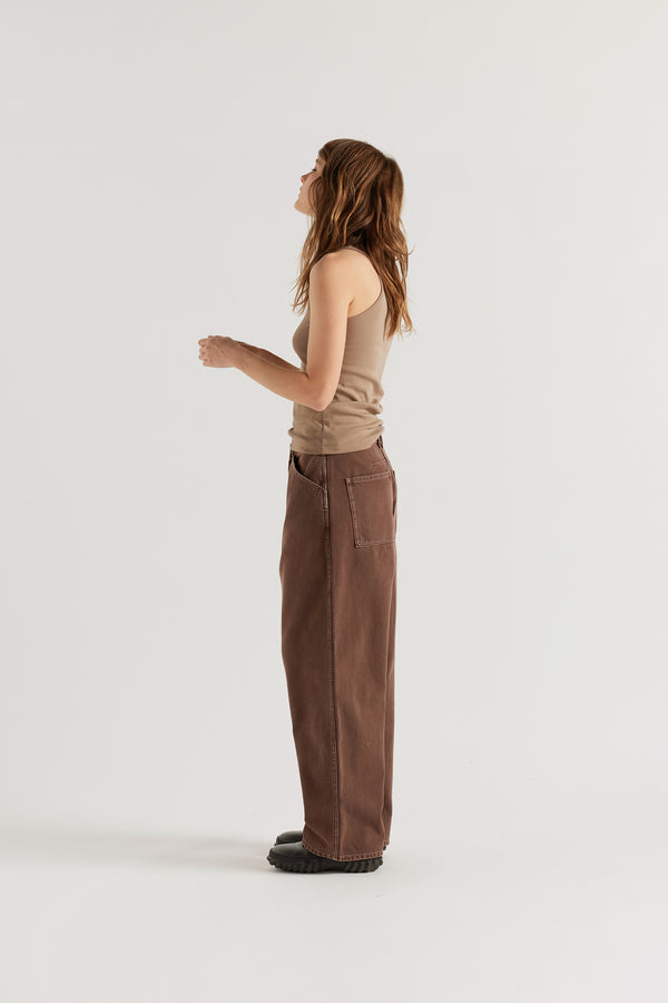 Side view of the Breaker Tank in Fawn showing slim fit silhouette and shape-retaining Japanese organic cotton rib construction