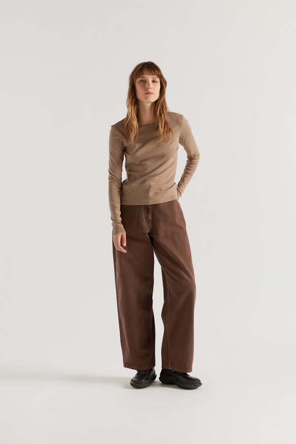 Convex Long Sleeve Top in Fawn front view showing slim fit silhouette and 1x1 organic cotton rib construction