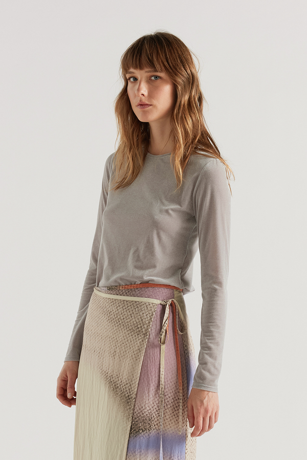 Front of the Course Top in Silver. Slim fit Japanese velour tricot. 