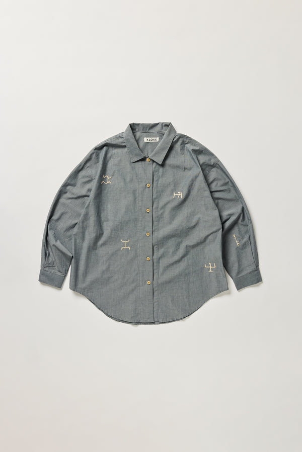 Flat lay KLOKE embroidered shirt in blue grey, front view