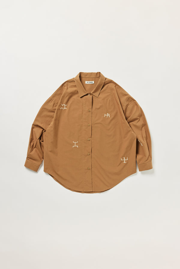 Flat lay of KLOKE embroidered shirt in walnut brown, front view