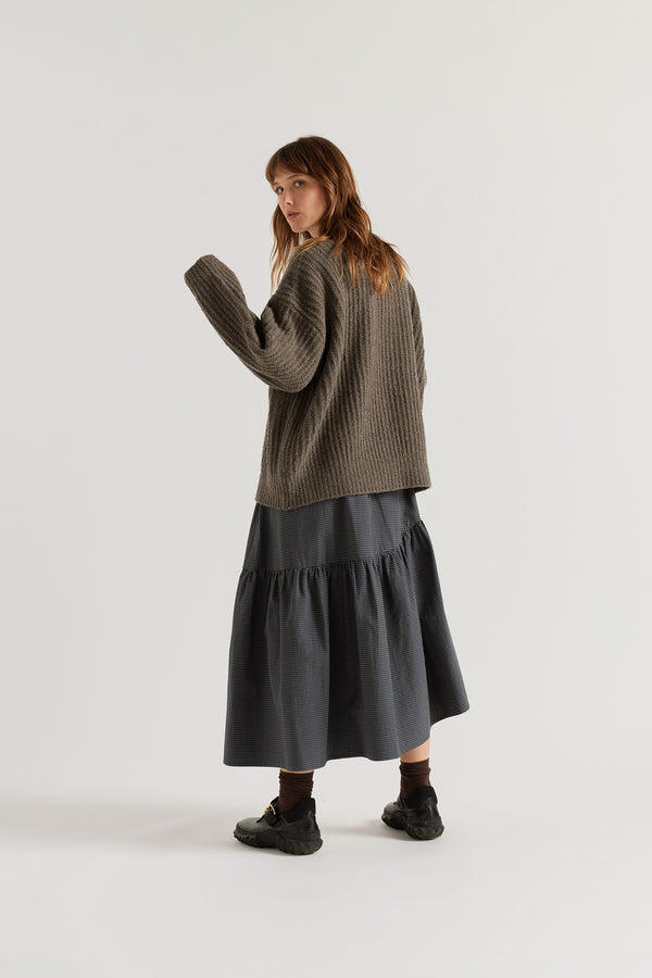Pale Pewter  Flutter Sweater back view showing chunky reverse half-cardigan rib knit construction, dropped shoulders and relaxed raglan sleeve silhouette