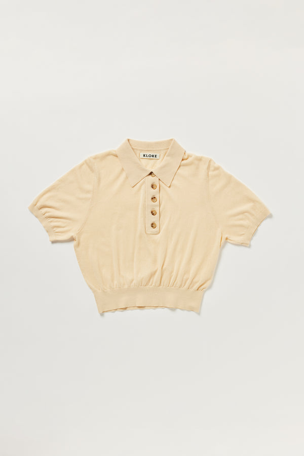 Flat lay of KLOKE short sleeve knit polo, front view