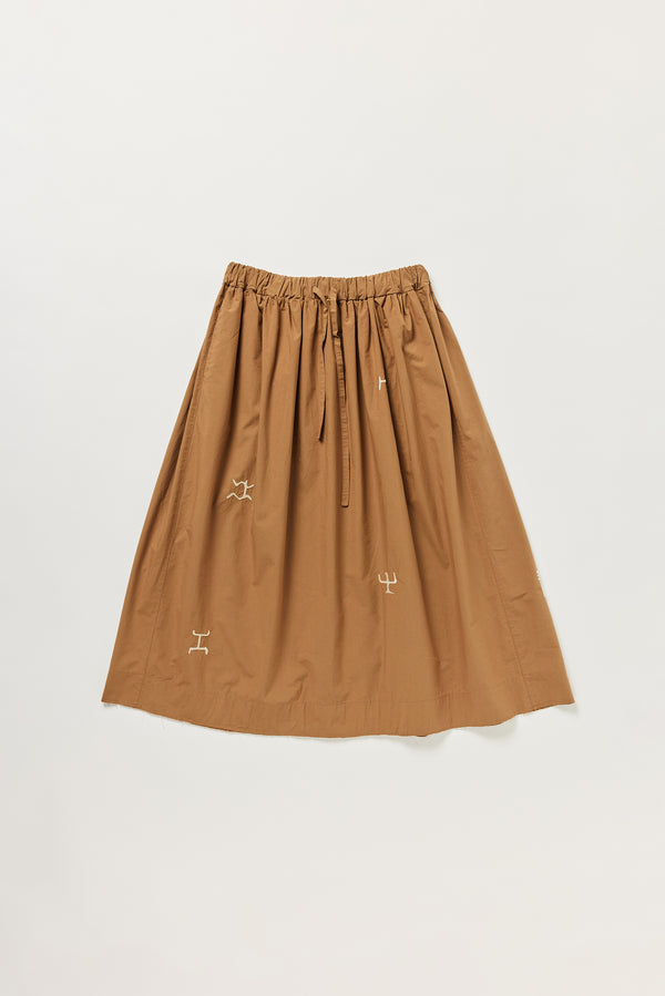 Flat lay of KLOKE embroidered skirt in walnut brown, front view