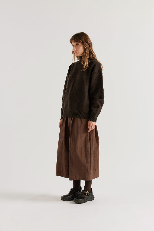 Front of Opal Mock Neck Sweater in Coffee, front view showing 1x1 rib high neckline, relaxed shorter silhouette and dense extrafine Merino knit

