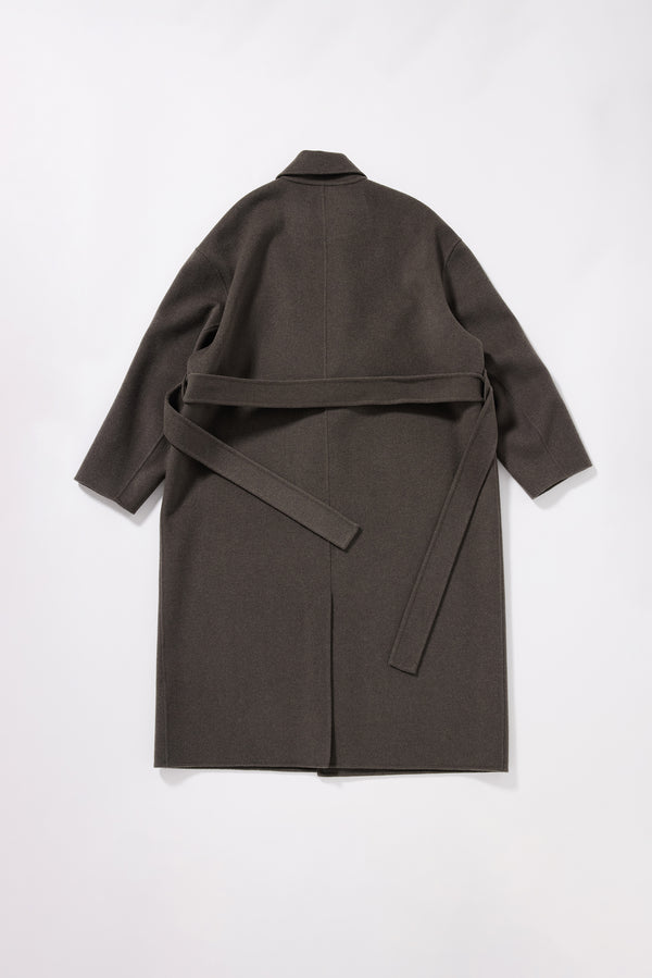 Flat Back view of the Retention Wool Coat in Olive Taupe showing full-length tailored silhouette, dropped shoulders and hand-finished double-faced wool cashmere construction