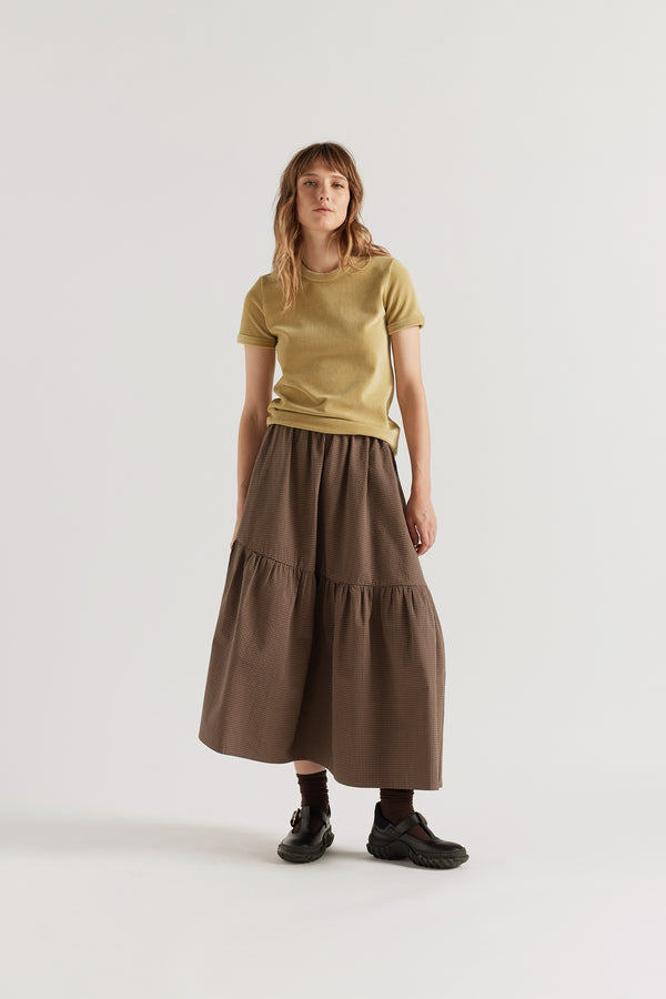 Front of the model in Saffron Tee in yellow, slim-fit vintage-inspired ringer tee in Japanese stretch corduroy