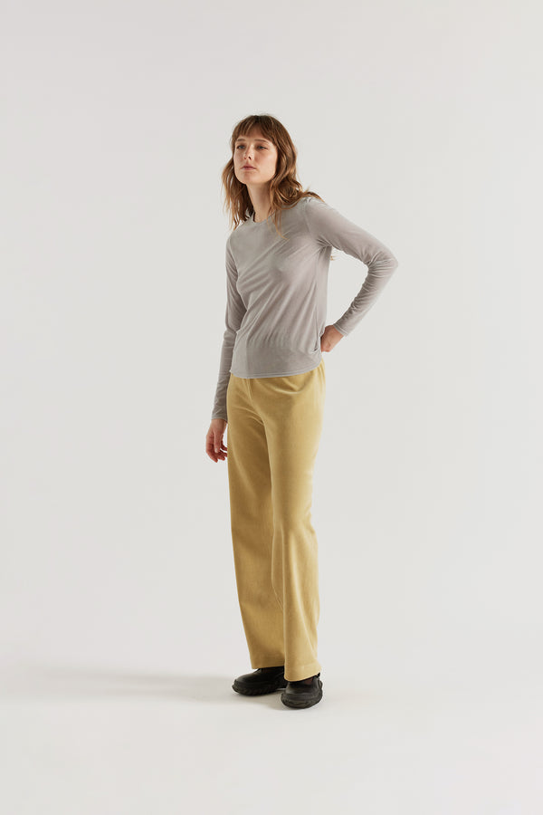 Front view of Sedate Lounge Pant in Yellow, relaxed-fit lounge pant in Japanese stretch corduroy velour